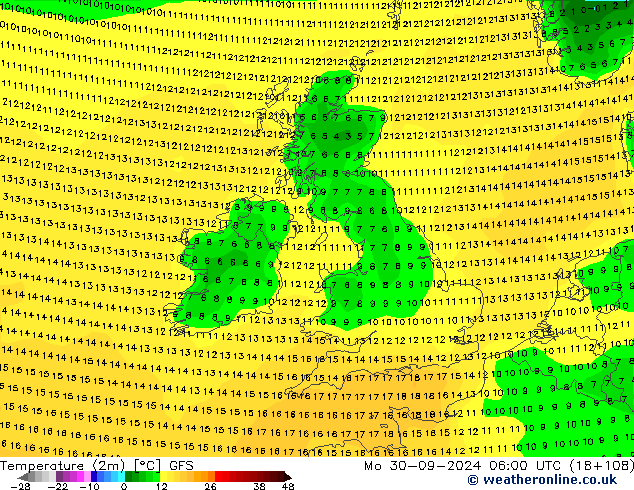 Temperatuurkaart (2m) GFS ma 30.09.2024 06 UTC