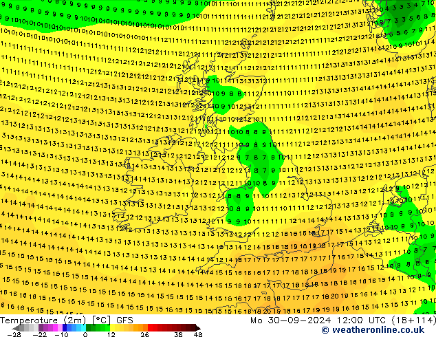 mapa temperatury (2m) GFS pon. 30.09.2024 12 UTC