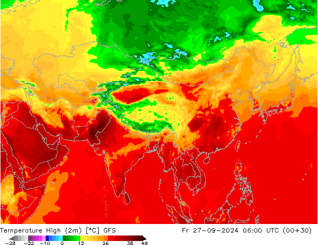 Max.temperatuur (2m) GFS vr 27.09.2024 06 UTC