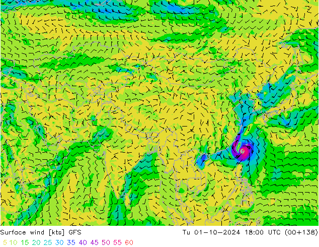 Vent 10 m GFS mar 01.10.2024 18 UTC