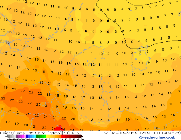 Height/Temp. 850 hPa GFS Sa 05.10.2024 12 UTC