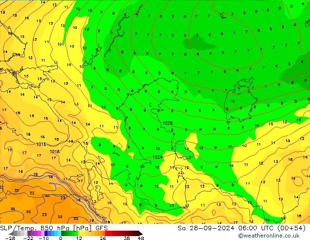 SLP/Temp. 850 hPa GFS so. 28.09.2024 06 UTC