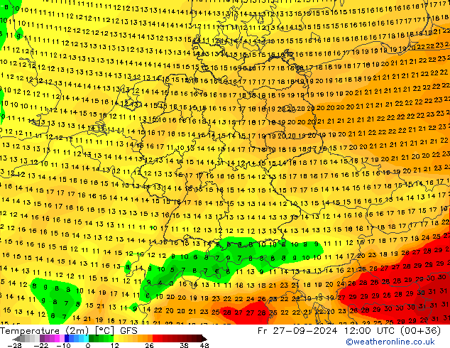 Temperatura (2m) GFS ven 27.09.2024 12 UTC