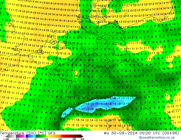 Temperature (2m) GFS Mo 30.09.2024 00 UTC