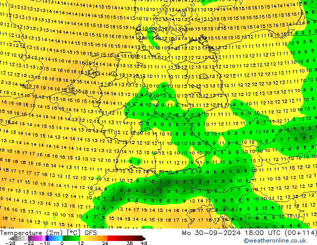 Temperature (2m) GFS Mo 30.09.2024 18 UTC