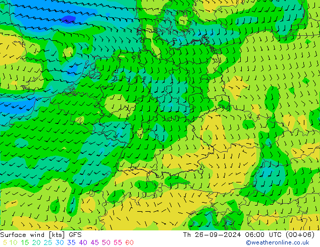 Viento 10 m GFS jue 26.09.2024 06 UTC