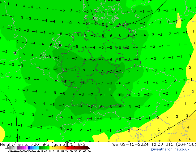 Height/Temp. 700 hPa GFS We 02.10.2024 12 UTC