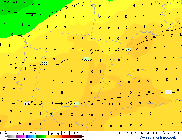 Height/Temp. 700 hPa GFS Th 26.09.2024 06 UTC