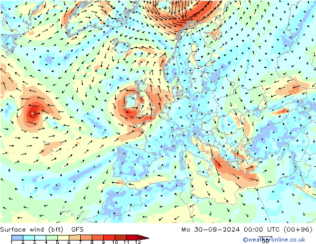 Rüzgar 10 m (bft) GFS Pzt 30.09.2024 00 UTC