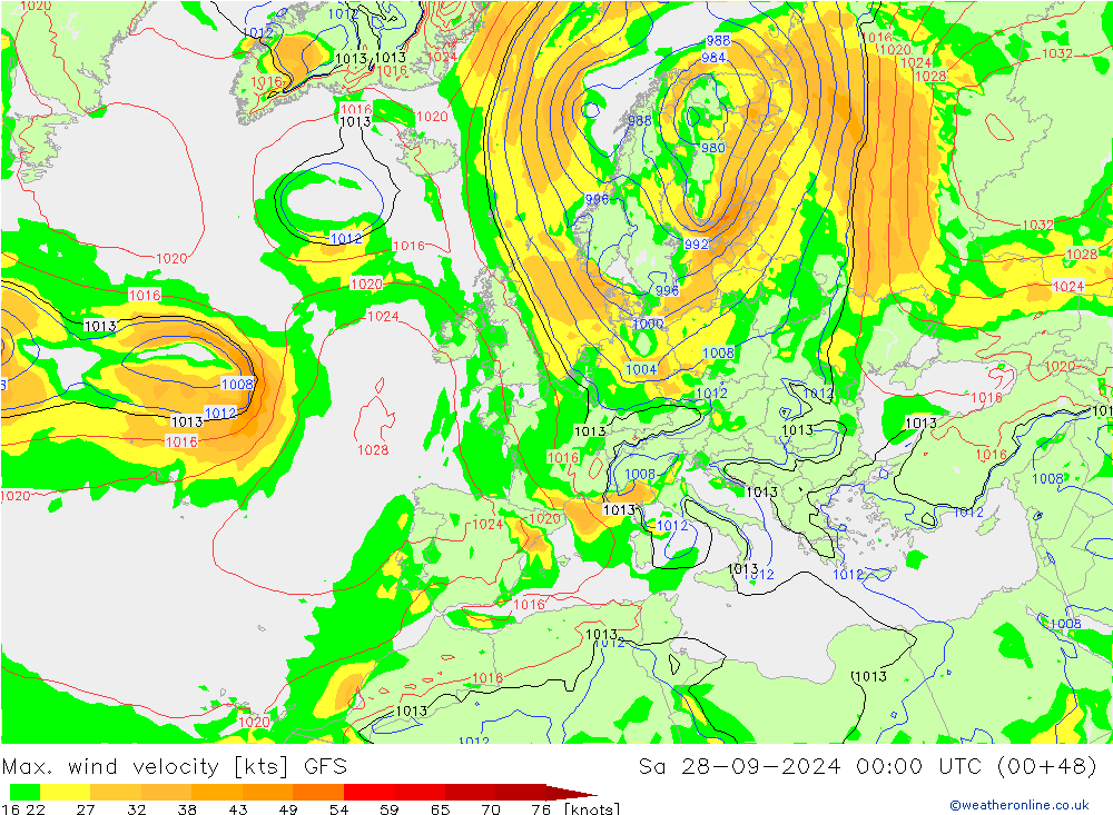 Max. wind velocity GFS сб 28.09.2024 00 UTC