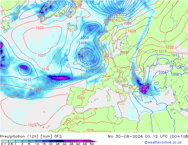 Precipitation (12h) GFS Mo 30.09.2024 12 UTC