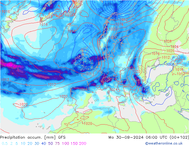 Precipitation accum. GFS Mo 30.09.2024 06 UTC