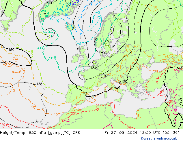 Geop./Temp. 850 hPa GFS vie 27.09.2024 12 UTC