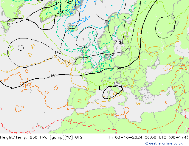 Height/Temp. 850 hPa GFS czw. 03.10.2024 06 UTC