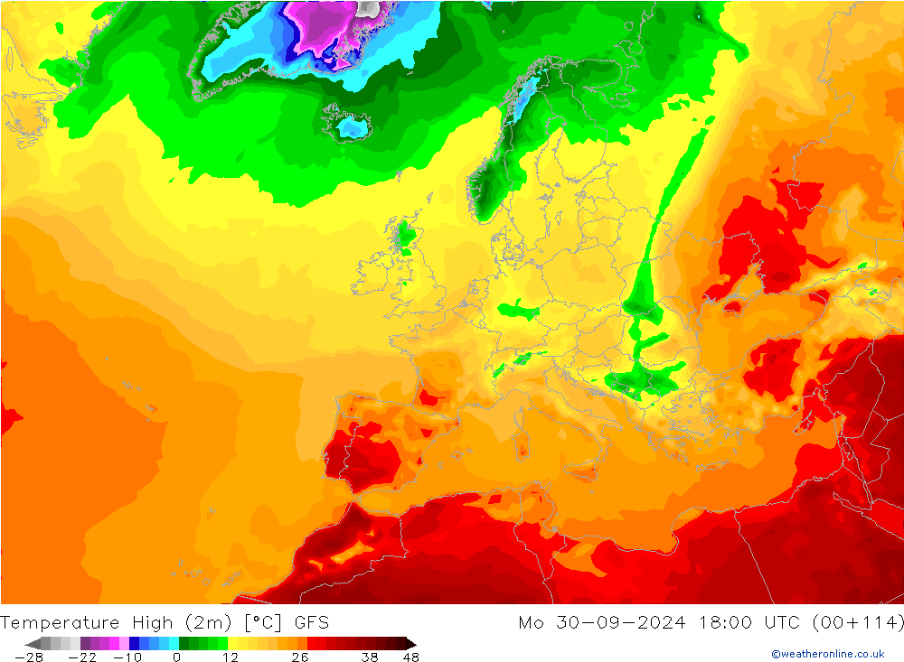 Höchstwerte (2m) GFS Mo 30.09.2024 18 UTC