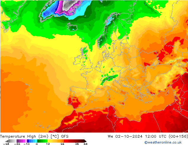 temperatura máx. (2m) GFS Qua 02.10.2024 12 UTC