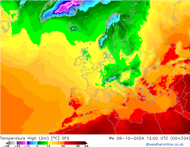 Höchstwerte (2m) GFS Mi 09.10.2024 12 UTC