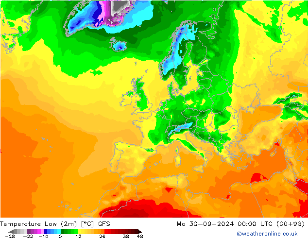 Min.temperatuur (2m) GFS ma 30.09.2024 00 UTC