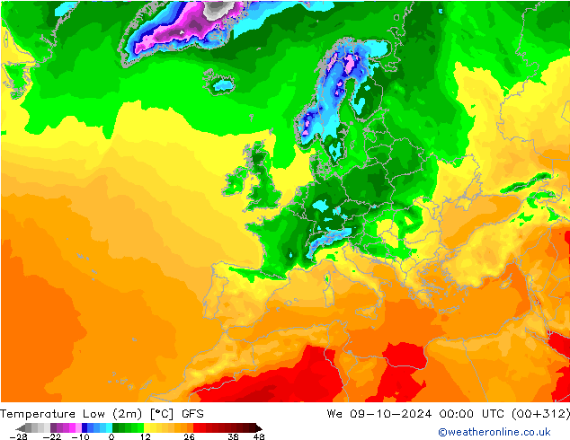 Min. Temperatura (2m) GFS śro. 09.10.2024 00 UTC