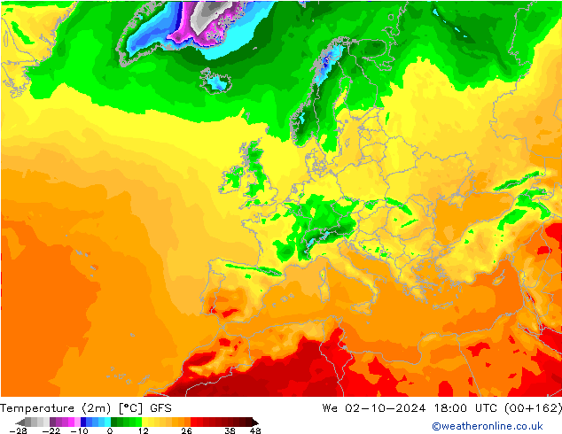 Temperatura (2m) GFS mié 02.10.2024 18 UTC