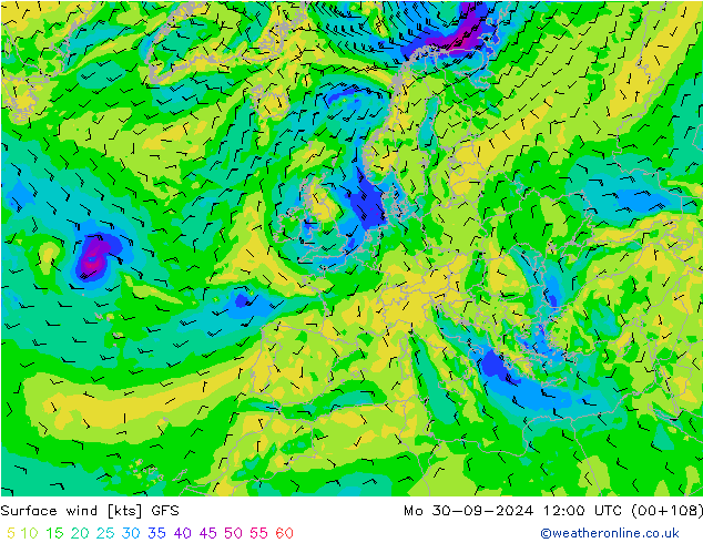 ветер 10 m GFS пн 30.09.2024 12 UTC