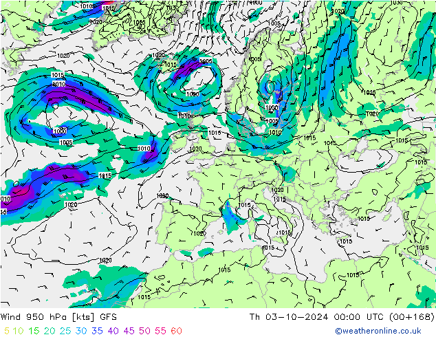 Vento 950 hPa GFS Qui 03.10.2024 00 UTC