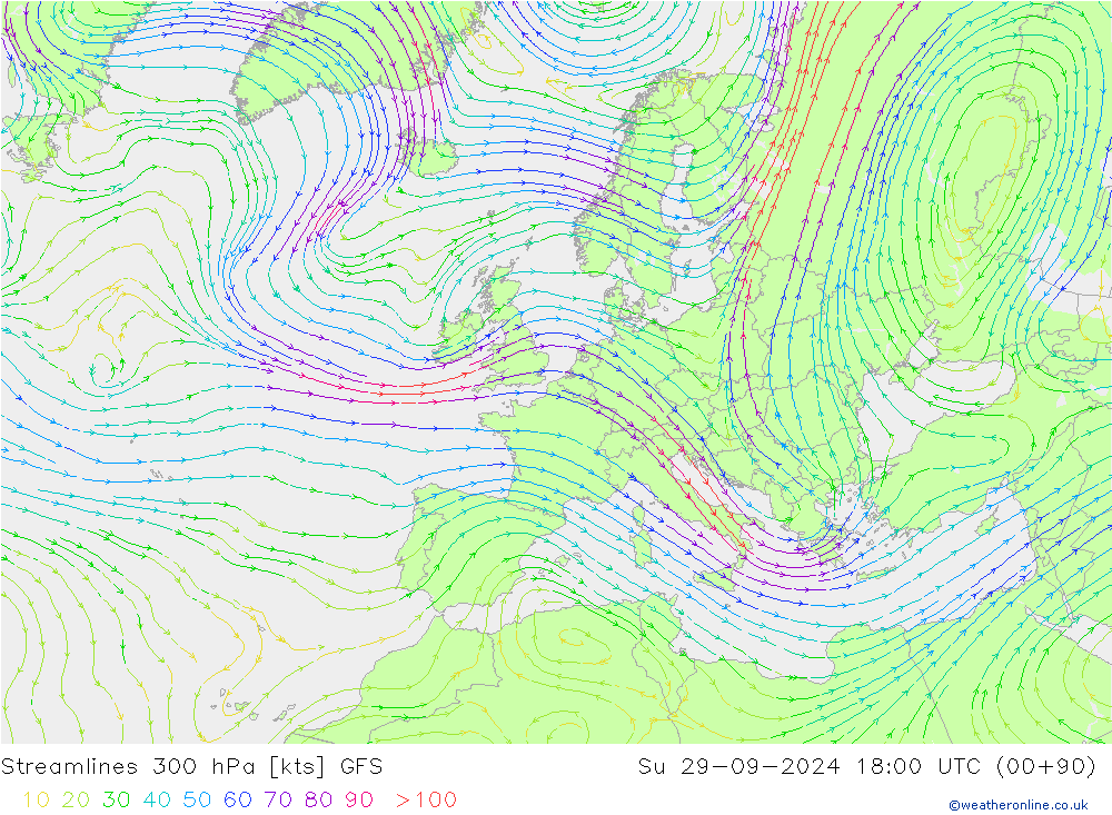 Streamlines 300 hPa GFS Ne 29.09.2024 18 UTC