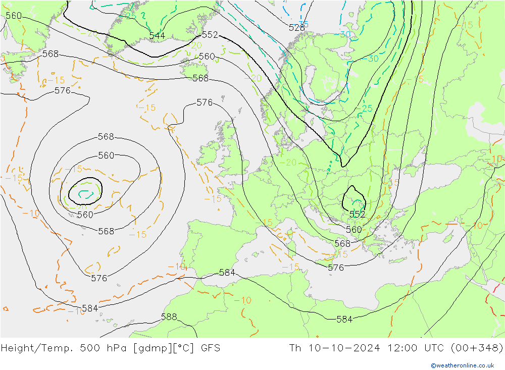 Z500/Rain (+SLP)/Z850 GFS czw. 10.10.2024 12 UTC