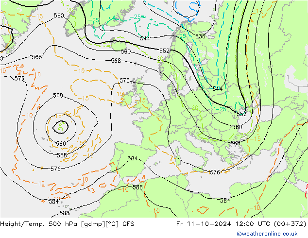 Hoogte/Temp. 500 hPa GFS vr 11.10.2024 12 UTC