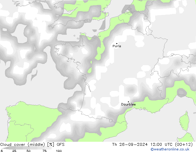 zachmurzenie (środk.) GFS czw. 26.09.2024 12 UTC