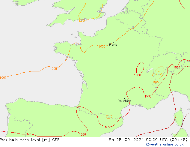 Wet bulb zero level GFS Sa 28.09.2024 00 UTC