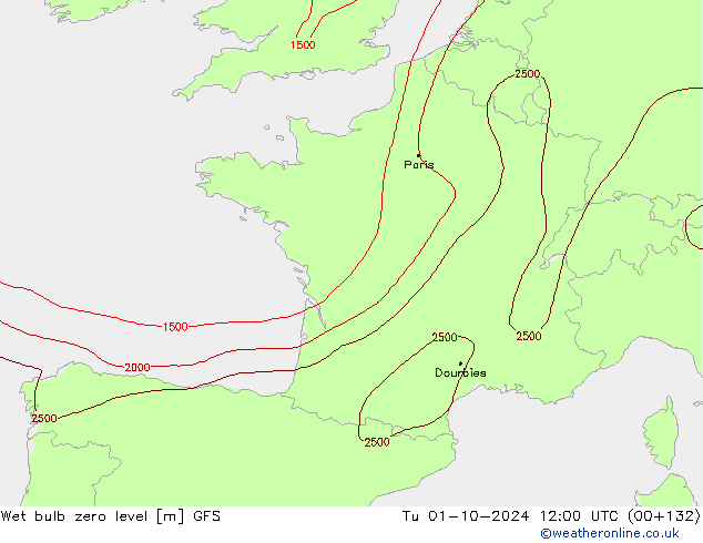 Wet bulb zero level GFS Tu 01.10.2024 12 UTC