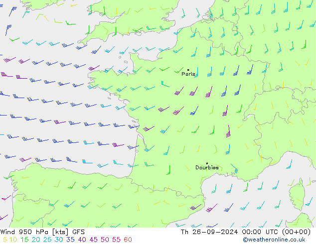 Vento 950 hPa GFS gio 26.09.2024 00 UTC