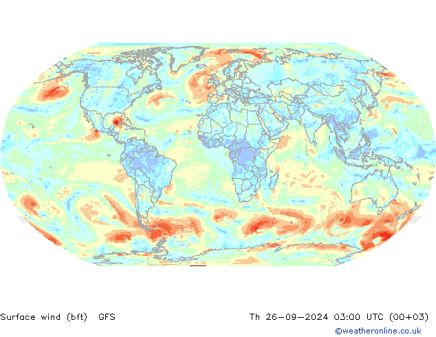 Surface wind (bft) GFS Čt 26.09.2024 03 UTC