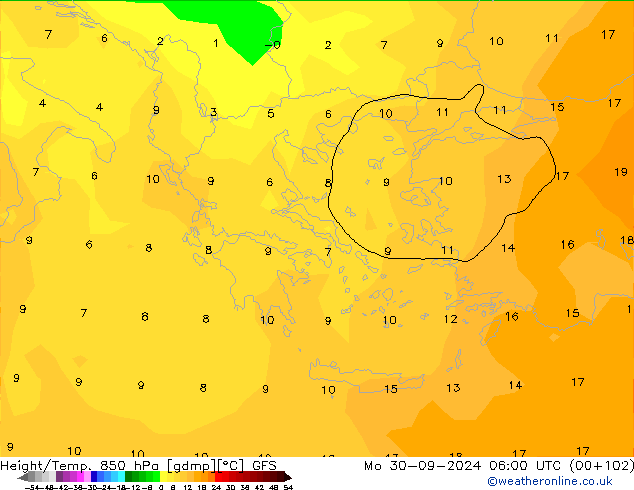 Z500/Rain (+SLP)/Z850 GFS пн 30.09.2024 06 UTC