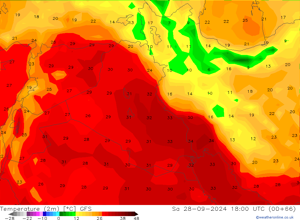 température (2m) GFS sam 28.09.2024 18 UTC