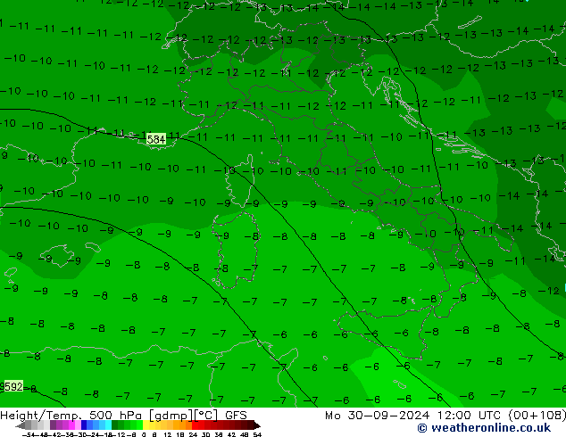 Z500/Rain (+SLP)/Z850 GFS Mo 30.09.2024 12 UTC