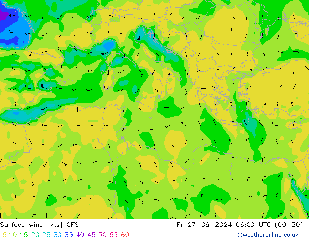 Rüzgar 10 m GFS Cu 27.09.2024 06 UTC