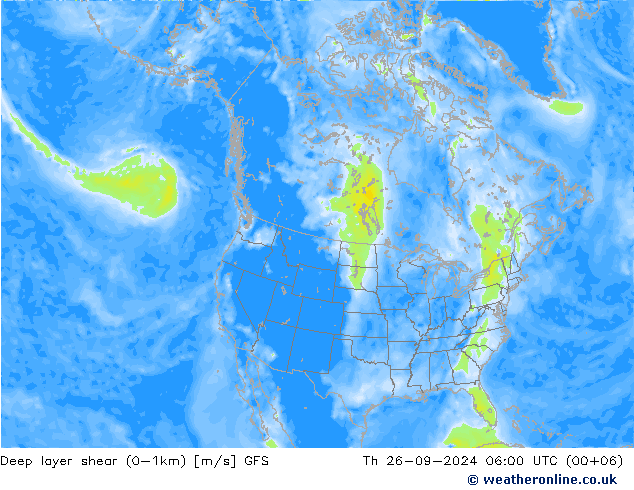 Deep layer shear (0-1km) GFS do 26.09.2024 06 UTC