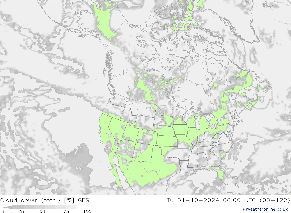 Cloud cover (total) GFS Tu 01.10.2024 00 UTC