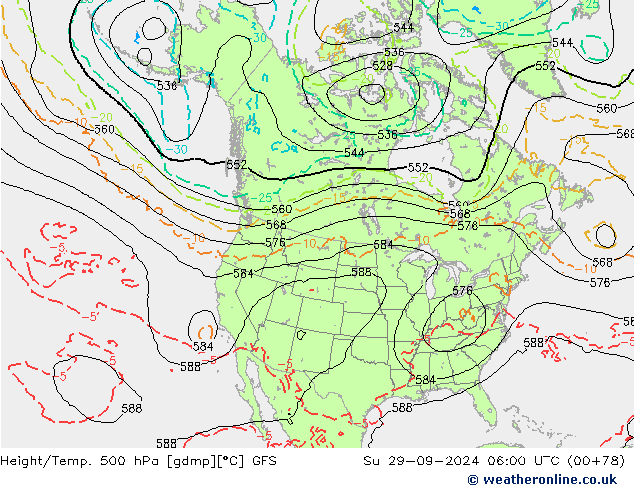 Z500/Rain (+SLP)/Z850 GFS Dom 29.09.2024 06 UTC