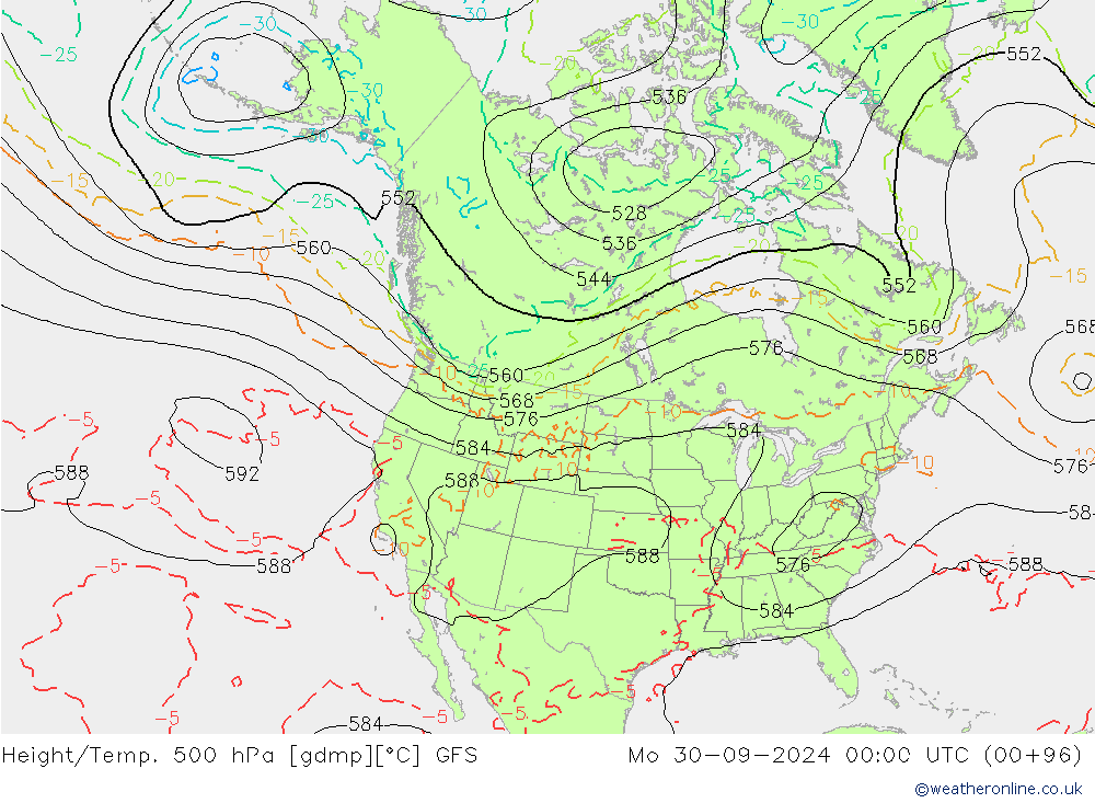 Height/Temp. 500 hPa GFS lun 30.09.2024 00 UTC