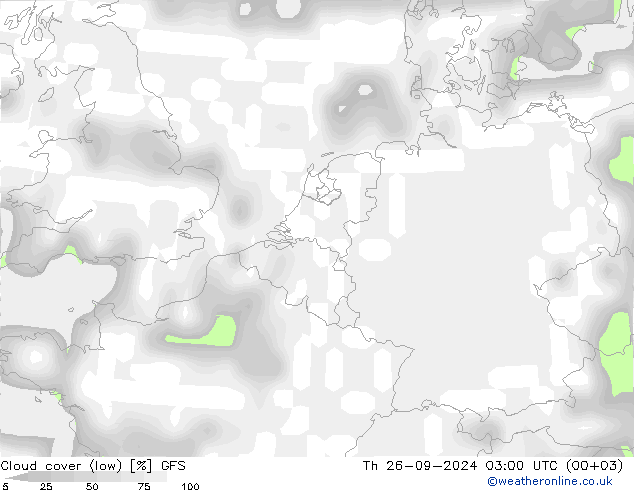 Cloud cover (low) GFS Th 26.09.2024 03 UTC