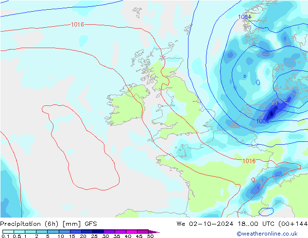 Precipitación (6h) GFS mié 02.10.2024 00 UTC