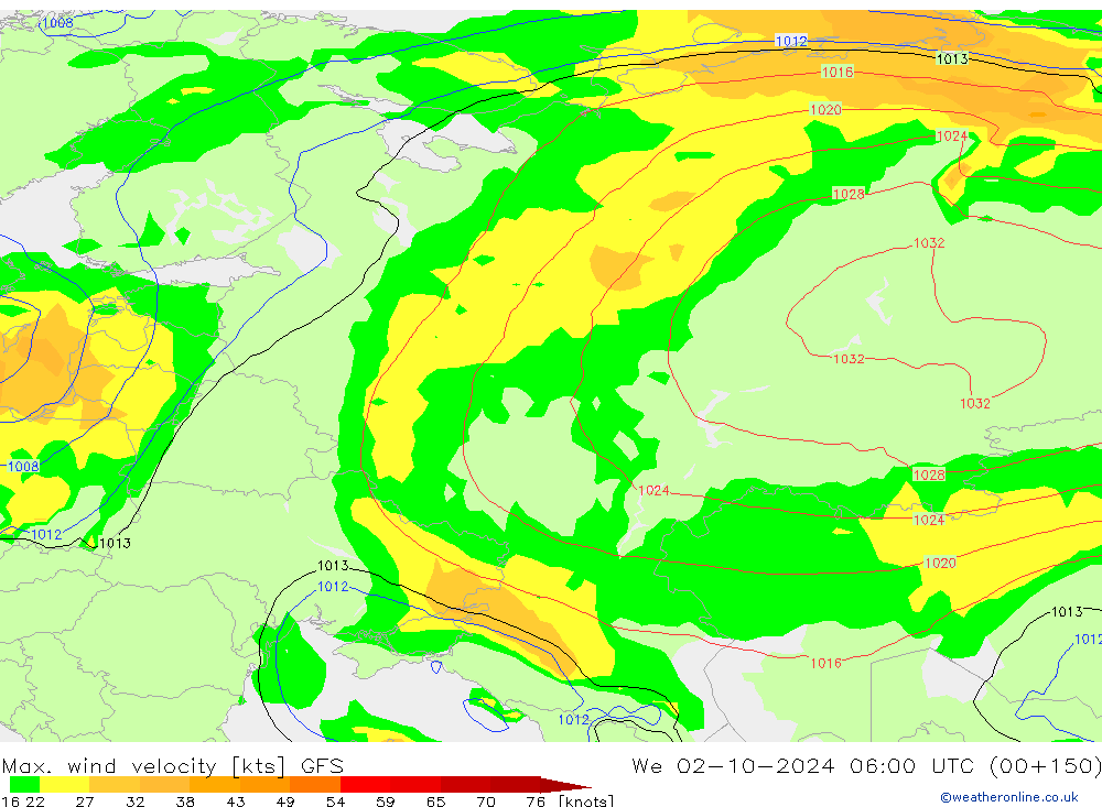 Max. wind velocity GFS ср 02.10.2024 06 UTC