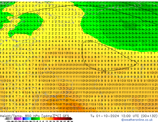 Z500/Rain (+SLP)/Z850 GFS вт 01.10.2024 12 UTC