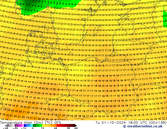 Max. Temperatura (2m) GFS wto. 01.10.2024 18 UTC