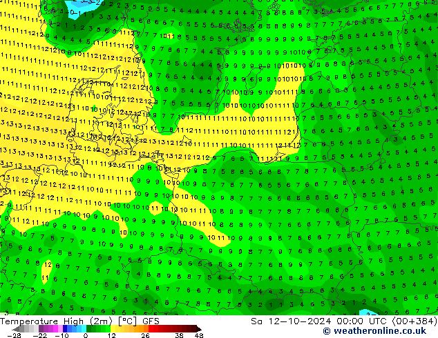 Temperature High (2m) GFS Sa 12.10.2024 00 UTC