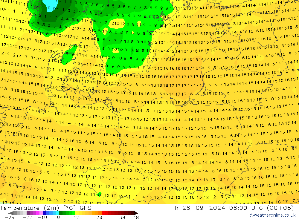 Temperatura (2m) GFS jue 26.09.2024 06 UTC