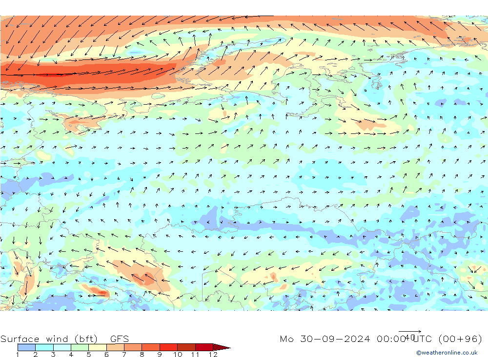 Surface wind (bft) GFS Mo 30.09.2024 00 UTC